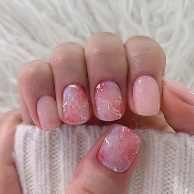 Ceboic 24 Stück Kurz Rosa Gold Glitzer Press on Nails Eckig Französisch Full