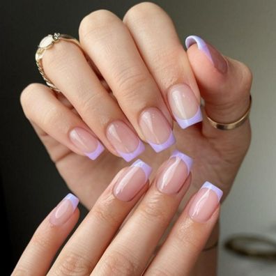 KQueenest Soft Gel French Tip Press On Nails - 30 Stück Lila Kurz Eckig