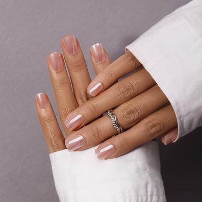 KQueenest Kurz Chrome Press on Nails Hell Rosa Eckig Glasiert Glitzer Fake
