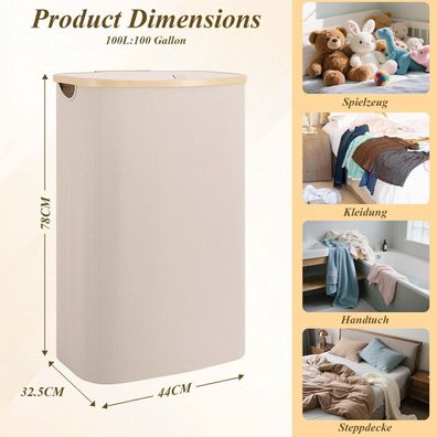 TeSabMi 100L Wäschekorb mit Deckel, faltbar, aus robustem Polyester, Hellbeige