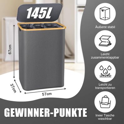 Bathola Wäschekorb mit Deckel, 145L extra groß, 3 Fächer, abnehmbare