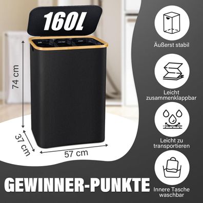 Bathola Wäschekorb mit Deckel, 160L, 3 Fächer, abnehmbare Wäschesäcke, Schwarz