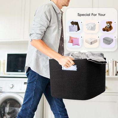 XXL Wäschekorb Rechteckig Geflochten 72L aus Baumwolle, Schwarz, 56x43x30cm