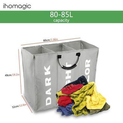 Ihomagic Wäschesortierer 3 Fächer, faltbarer Wäschekorb mit 90L