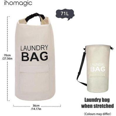 Ihomagic 71L Faltbarer Wäschekorb mit Griffen, Wandmontage, Staubschutz, Beige