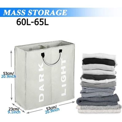 Ihomagic Wäschesortierer 2 Fächer, faltbar, 60L, 600D Stoff, Grau - Ideal für