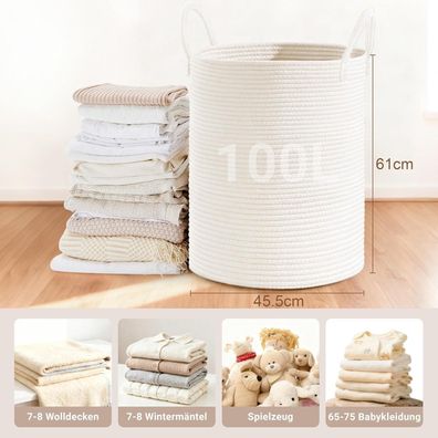 Myhommatto Wäschekorb 100L XXL Rund, geflochten aus Baumwollseil, mit Henkel