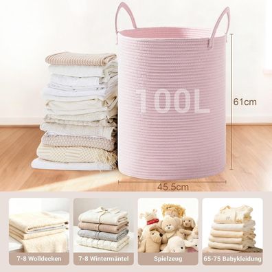 Myhommatto Wäschekorb 100L XXL Rund, geflochten aus Baumwolle, mit Henkel, Rosa