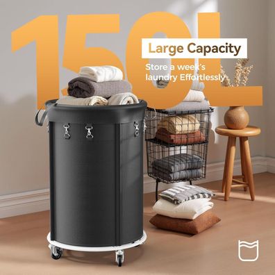 efluky 150L Wäschekorb mit Rollen, Großer Wäschesammler mit Metallrahmen und