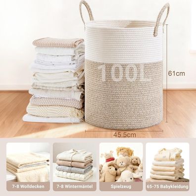 Myhommatto Wäschekorb 100L XXL Rund Geflochten mit Baumwoll-Henkel, Braun & Weiß