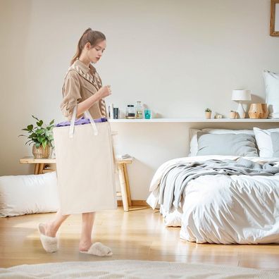 Virklyee Tragbarer Faltbarer Wäschekorb aus Oxford-Stoff, 45L, Beige