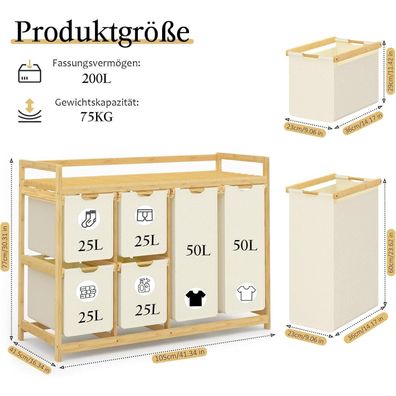efluky 200L Wäschekorb mit 6 Fächern, Bambus Wäschesammler mit 2 Säcken und 4
