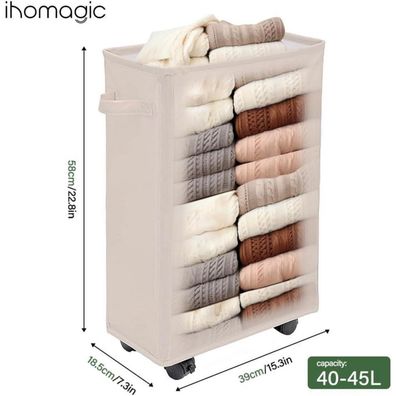 Ihomagic 40L Wäschekorb faltbar mit Rädern, schmal rechteckig, Beige