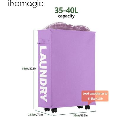 Ihomagic 40L Wäschekorb mit Rädern, faltbar, schmal rechteckig