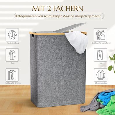 Wäschekorb mit Deckel und 2 Fächern, 140L Wäschesammler schmal mit