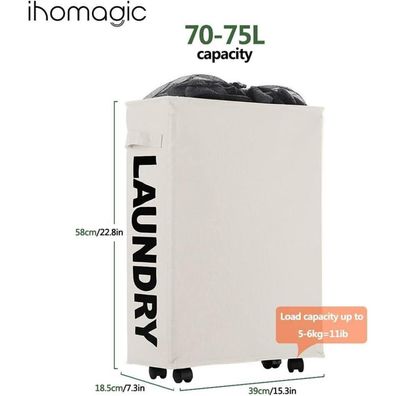 Ihomagic Wäschekorb mit Rädern, faltbar, 40L, 39x18.5x58cm, Beige