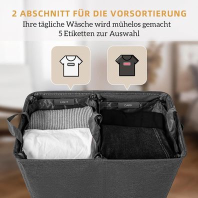 Bathola Wäschekorb mit Deckel, 135L, 2 Fächer, Dunkelgrau