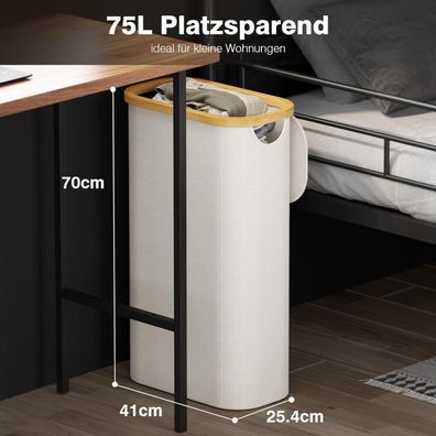 Bathola Schmaler Wäschekorb mit Deckel, 75L, faltbar mit herausnehmbarem
