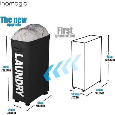 Ihomagic 62L Wäschekorb mit Rollen, faltbar, abnehmbarer Wäschesack, tragbar