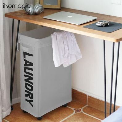 Ihomagic 62L Schmaler Wäschesack mit Rollen - Hoher Wäschekorb, faltbar, mit