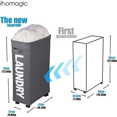 Ihomagic 62L Wäschekorb faltbar mit Rollen und Netzbeutel, dunkelgrau