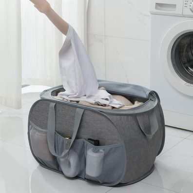 RunFar shop Pop Up Wäschekorb mit Deckel, 37x37x60cm, Klappbar, Mesh, 75L, Grau