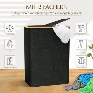 Capocica Schmaler Wäschekorb mit Deckel 140L, Bambusdeckel, herausnehmbarer