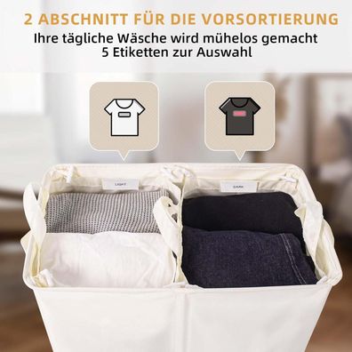 Bathola Wäschekorb mit Deckel, 135L, 2 Fächer, Beige
