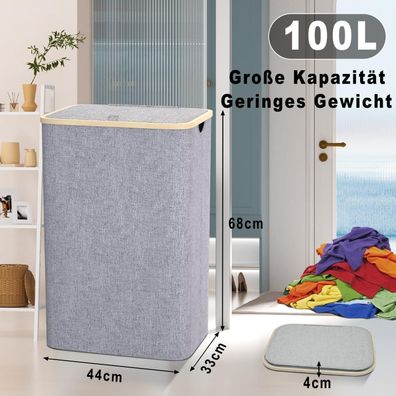 Capocica Schmaler Wäschekorb mit Deckel, 100L, Bambusdeckel, herausnehmbarer