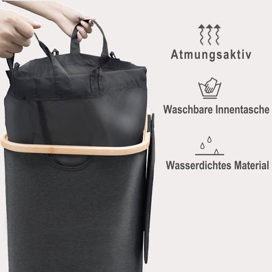 Capocica Schmaler Wäschekorb mit Deckel 100L, Bambusdeckel, herausnehmbarer