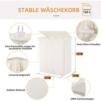 Bathola Wäschekorb mit Deckel, 160L extra groß, 3 Fächer, faltbar, beige