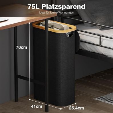 Bathola Schmaler Wäschekorb mit Deckel, 75L, faltbar, herausnehmbarer