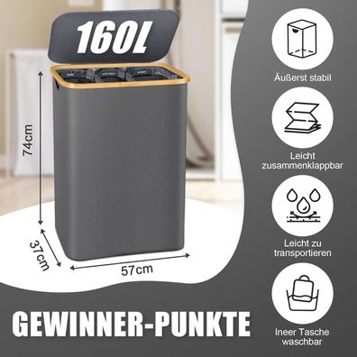Bathola Wäschekorb mit Deckel, 160L extra groß, 3 Fächer, abnehmbare