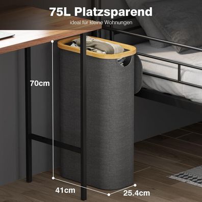 Bathola Schmaler Wäschekorb mit Deckel, 75L, faltbar mit herausnehmbarem