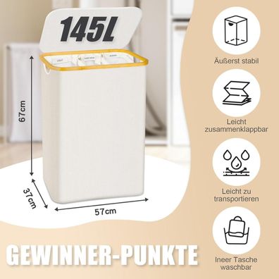Bathola Wäschekorb mit Deckel, 145L, 3 Fächer, abnehmbare Wäschesäcke, Beige