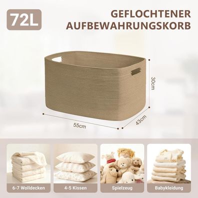 Myhommatto 72L Aufbewahrungskorb aus Baumwollseil, Boho Korb für Spielzeug