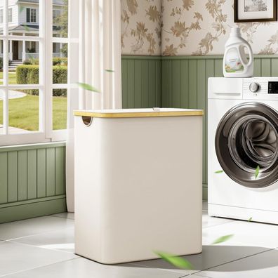 Bathola Wäschekorb mit Deckel, 160L, 3 Fächer, faltbar, Stoff & Bambus, Beige