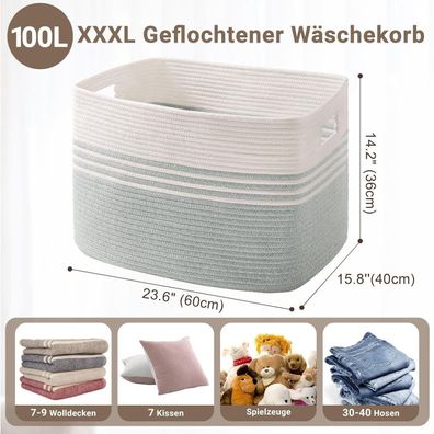 Myhommatto Wäschekorb Geflochten Groß 100L aus Baumwollseil, Weiß/Efeugrün