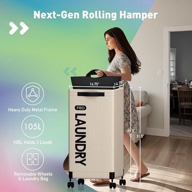 Caroeas Next-Gen 105L Wäschekorb mit Rollen, Metallrahmen, Wäschesammler, Weiß