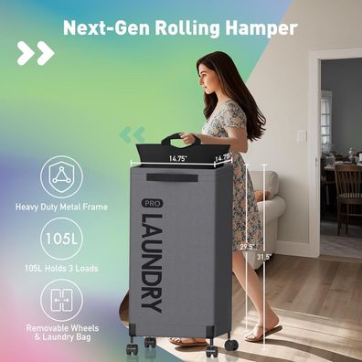 Caroeas Next-Gen 105L Wäschekorb mit Metallrahmen, Rollen und abnehmbarem
