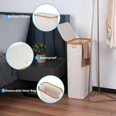 efluky Wäschekorb Schmal 63L Beige, faltbar mit Deckel, abnehmbarem Beutel und