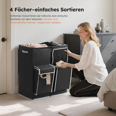 SOLEDI 180L Wäschekorb mit Deckel, 2 Fächer, 2 Seitentaschen, XXXL, Schwarz