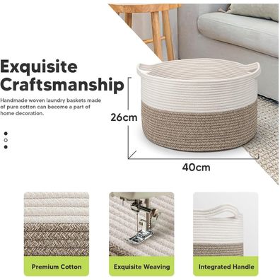 Virklyee Baumwolle Seil Korb, geflochtener Wäschekorb 32L, Ø40 x H25 cm