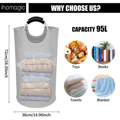 Ihomagic Großer Wäschekorb 95L, faltbar, 600D Oxford Stoff, ideal für Bad