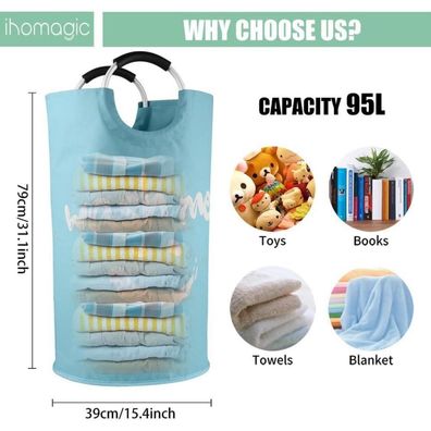 Ihomagic 95L Faltbarer Wäschekorb mit Aluminium-Henkel, 600D Oxford-Gewebe, Blau