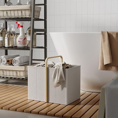 Vireon Faltbarer Wäschekorb mit Henkel 65L aus Bambus-Stoff (Beige)