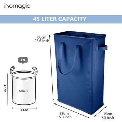 Ihomagic 45L Wäschekorb Schmal, Rechteckiger Wäschebehälter mit Griffen