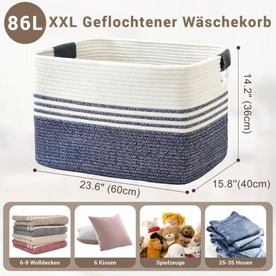 Myhommatto Wäschekorb Geflochten Groß aus Baumwollseil, 86L Aufbewahrungskorb