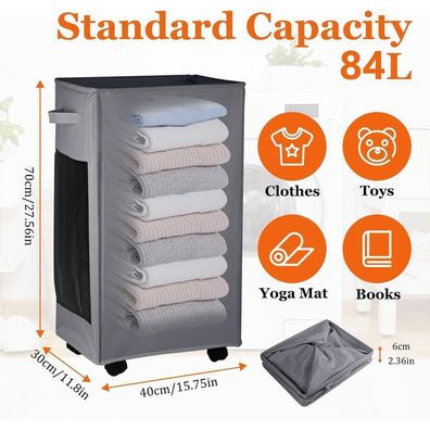 Ihomagic 84L Wäschekorb mit Rollen, schmal, dunkelgrau, 600D Oxford-Stoff, mit