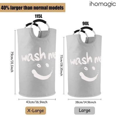 Ihomagic Großer Wäschekorb 115L, faltbar, mit Aluminiumgriff, 43x79cm, Hellgrau